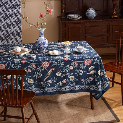 patdrea Designer Dark Blue Linen Rectangle Tablecloth,Vintage Navy French Floral and Birds Pattern Table Cloth,Decoration Table Cover for Kitchen,Dining,Tea Party,Home,Christmas,55"*87"