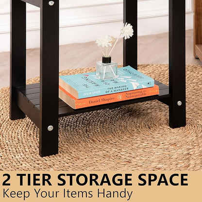 Black Adirondack Outdoor Accent Table – Weather-Resistant Acacia Wood Outdoor End Table with Double Storage, Small Porch Table for Patio, Garden, Lawn, Balcony, and Living Room Use