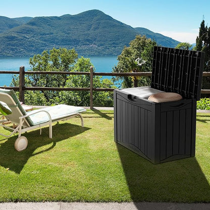 50 Gallon Plus Resin Deck Box, Waterproof Outdoor Storage Box for Patio, Poolside, and Garden, Lockable UV-Resistant Storage Bin Bench Cabinet for Small Spaces, Black