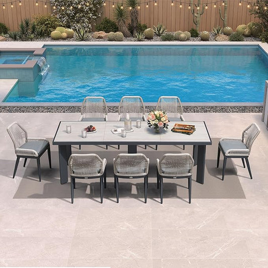 PURPLE LEAF 9 Pieces Patio Dining Set Aluminum Rectangular Table and Wicker Chairs with Cushions for Kitchen Porch Garden Modern Outdoor Furniture Sets, Beige and Dark Grey