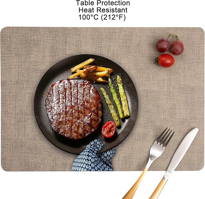 Myir JUN Placemats Dual Sided, Faux Leather Place Mats Set of 6 Indoor Placemat for Dining Table Outdoor Place Mat Manteles Individuales Square Non-Slip Washable Table Mats (Gray Beige, Set of 6)