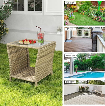 kinbor Small Patio Table - Tempered Glass Top Small Outdoor Wicker Side Table with Storage Shelf for Patio, Balcony & Porch, Durable PE Rattan & Iron Frame