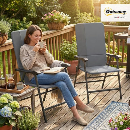 Outsunny Folding Patio Chairs Set of 2 Padded High Back Armrests Light Gray | - Image 2