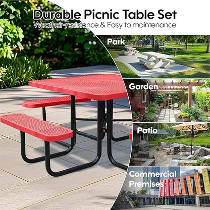 46'' Square Metal Picnic Table for Outdoors, Commercial Steel Metal Picnic Tables, Heavy Duty Sturdy Picnic Tables Furniture Set for Patio Garden Courtyard BBQ, with Umbrella Hole, Red