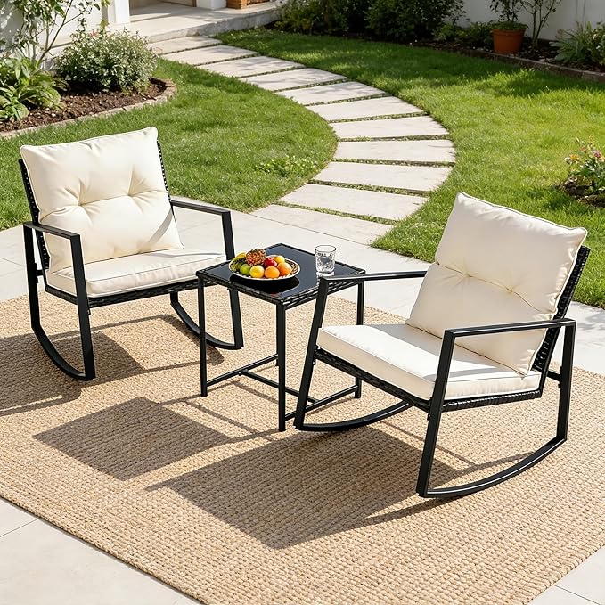 SUNCROWN 3 Piece Outdoor Rocking Bistro Set Black Wicker Furniture Porch Chairs - Image 3