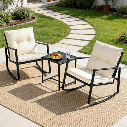 SUNCROWN 3 Piece Outdoor Rocking Bistro Set Black Wicker Furniture Porch Chairs - Image 3