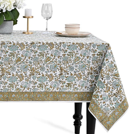 CPC Tablecloth 100% Cotton 60x90 Inch Indian Block Print Rectangle Table Cover, Washable Table Cloth for Weddings, Spring/Summer, Barbeque - Harvest Bloom