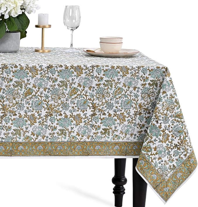 CPC Tablecloth 100% Cotton 70x108 Inch Indian Block Print Rectangle Table Cover, Blue Table Cloth for Weddings, Spring/Summer, Barbeque - Harvest Bloom
