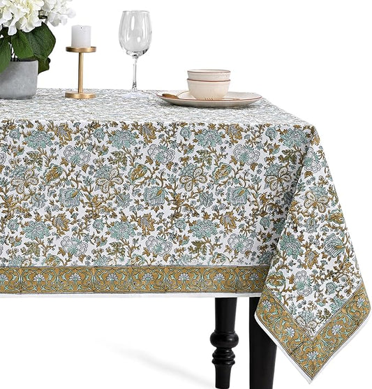 CPC Tablecloth 100% Cotton 70x118 Inch Indian Block Print Rectangle Table Cover, Table Cloth for Weddings, Spring/Summer, Barbeque -Harvest Bloom