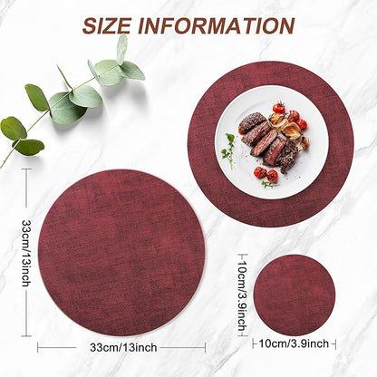 Round Faux Leather Placemats and Coasters, Set of 4, Reversible Heat Resistant Non-Slip Table Mats, Waterproof Wipeable Place Mats for Dining Table, Washable for Indoor & Outdoor (4, Red)