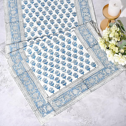CPC Cotton Table Runner 16x90 Inch Block Printed Long Fall Table Runner for Dining Table, Card Table, Coffee Table, Wedding, Farmhouse & Outdoor Barbeque-Apatite Blue
