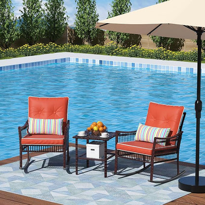 DECMICO 3-Piece Outdoor Rocking Chair Set, Wicker Bistro Furniture | Orange - Image 2