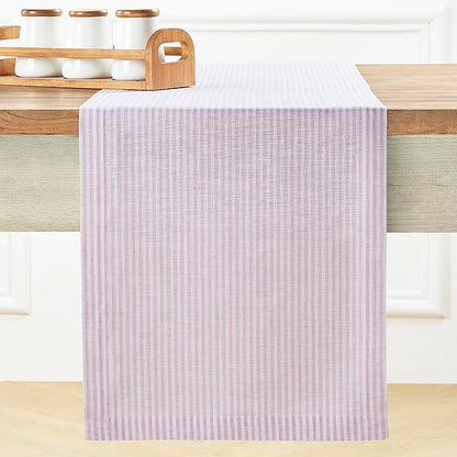 Solino Home Linen Table Runner 144 Inches Long - Narrow Stripe, 100% Pure Linen Pink and White Table Runner 14 x 144 Inch for Dining, Valentines, Spring, Easter