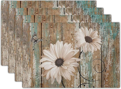 Giwawa Rustic Daisy Board Placemats- White Sunflowers on Vintage Wood Plank Linen Table Place Mat- Farmhouse Wooden Non-Slip Heat Resistant Table Mats for Dining Kitchen Cabin Lodge Decor