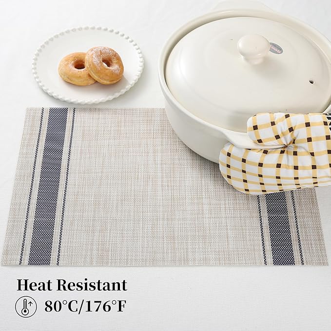Leetaltree Khaki-Blue Placemats, Heat Resistant Non-Slip Place mats for Dining Table, Washable Durable PVC Vinyl Woven Table Mats (Set of 12)