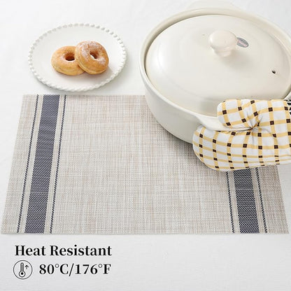 Leetaltree Khaki-Blue Placemats, Heat Resistant Non-Slip Place mats for Dining Table, Washable Durable PVC Vinyl Woven Table Mats (Set of 12)