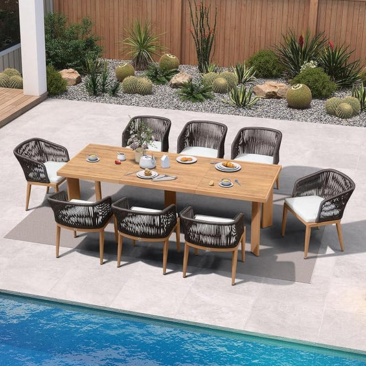 PURPLE LEAF Patio Dining Set 9 Pieces Furniture Set Aluminum Rattan Wicker Patio Table and Chairs Set for Lawn Backyard Teak
