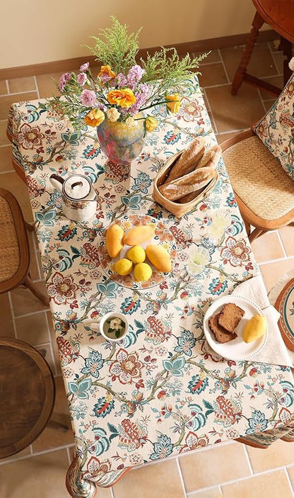 Linen Colorful Floral Rectangle Tablecloth,Vintage Indian Colorfast Block Print Extra Long Table Cloth,Decor Table Cover for Kitchen,Dining,Thanksgiving,Christmas,63"*110"-Mangala