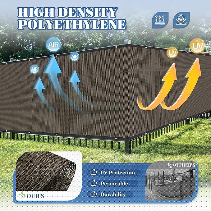 ECOOPTS 8'x233' Privacy Fence Screen Windscreen with Copper Grommets, Fit for Commercial Fence and Residential Garden Outdoor 90% UV Blockage, Cable Zip Ties Included (Brown)