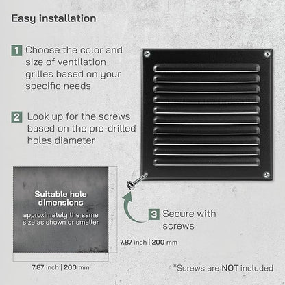 Vent Systems 8 x 8 Inch (Inner) Black Metal Soffit Vent Cover - Durable Square Air Vent Grille with Mesh Screen - Weather Resistant Ventilation Grill - Wall & Ceiling, Indoor & Outdoor