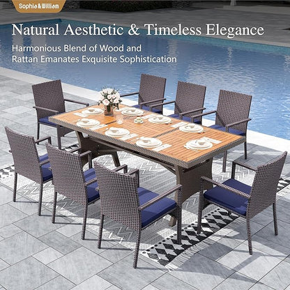 Sophia & William 9 Piece Patio Dining Set, Patio Table and Chairs Set Outdoor Dining Set for 8, Acacia Wood Patio Dining Table Set with PE Rattan Wicker Chairs for Garden, Porch, Backyard