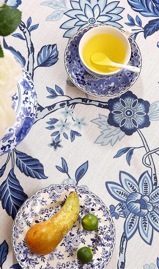 Vintage French Linen Small Round Tablecloth,Blue and White Floral Soft Tablecloths,Decorative Table Cover for Kitchen,Dining,Tea Party,Thanksgiving,Christmas,Diameter 55"-Suqing