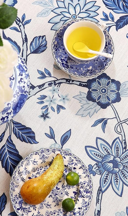 Vintage French Linen Small Round Tablecloth,Blue and White Floral Soft Tablecloths,Decorative Table Cover for Kitchen,Dining,Tea Party,Thanksgiving,Christmas,Diameter 55"-Suqing