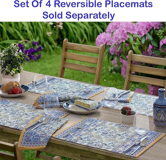 Home Bargains Plus Rectangle Fabric Tablecloth, 60 x 120 Inch, Allure Yellow and Blue Floral Bordered Print, Indoor Outdoor Stain and Water Resistant Table Cloth, Provence French Country