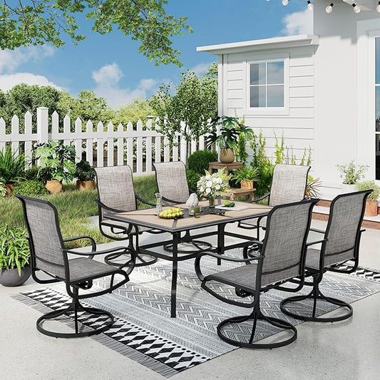 Sophia & William Patio Dining Sets Outdoor Dining Set for 6 Patio Table and Chairs Set 7 Pieces with Swivel Patio Chairs, 61"x 38" Wood Like Metal Table for Garden Pool All Weather Brown