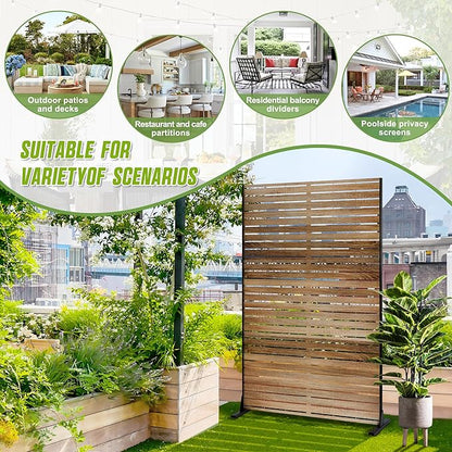 Metal Privacy Screen Outdoor 72" H×47" W,Freestanding Decorative Privacy Screen for Balcony Yard&Garden,Privacy Fence-Wooden Color