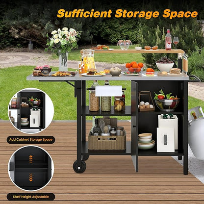 Multi-Layer Outdoor Grill Table Bar Grill Cart with Storage Cabinet, Outdoor Kitchen Island Prep Station with Foldable Side Shelf, Pizza Oven Table for Lawn & Garden