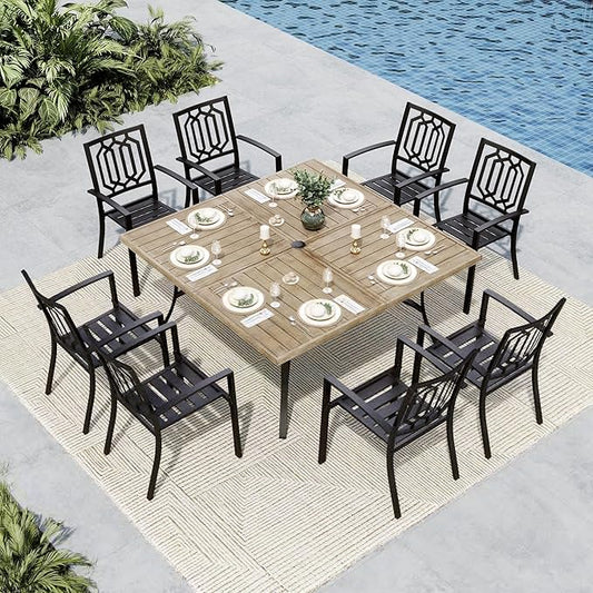 MFSTUDIO Patio Dining Set for 8, Patio Table and Chairs Set with Umbrella Hole, 9 Piece Metal Outdoor Dining Set, Outdoor Patio Furniture Set for Deck Backyard Poolside Garden