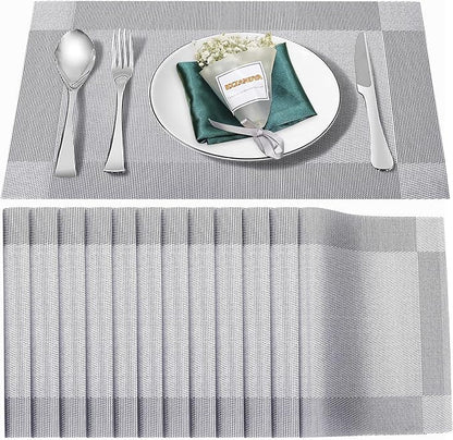 Placemats Set of 12,Washable,Heat and Stain Resistant Indoor/Outdoor Place mats,Vinyl Woven Non Slip Table Mats for Restaurant Table Protection,PVC Placemats(Silver,12PCS)