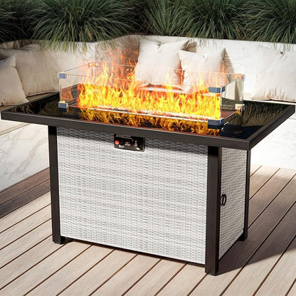 Propane Outdoor Fire Pit Table, 43" Rattan Rectangle Fire Pit Table, Outdoor Gas FirePit W/Glass Wind Guard, Tempered Glass Tabletop, Lid, CSA Listed, 60,000 BTU for Outside Patio Deck & Garden