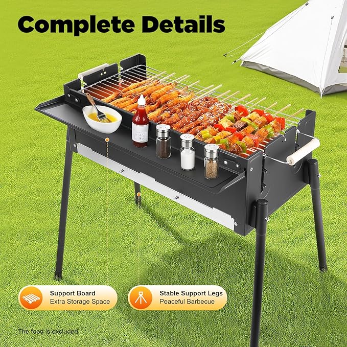 Portable Charcoal Grill, Stainless Steel Folding BBQ Grills w/Storage Shelf Outdoor Cooking Barbecue Grill Tool Kits for Garden Backyard Party Picnic Travel Outdoor Height Adjustable
