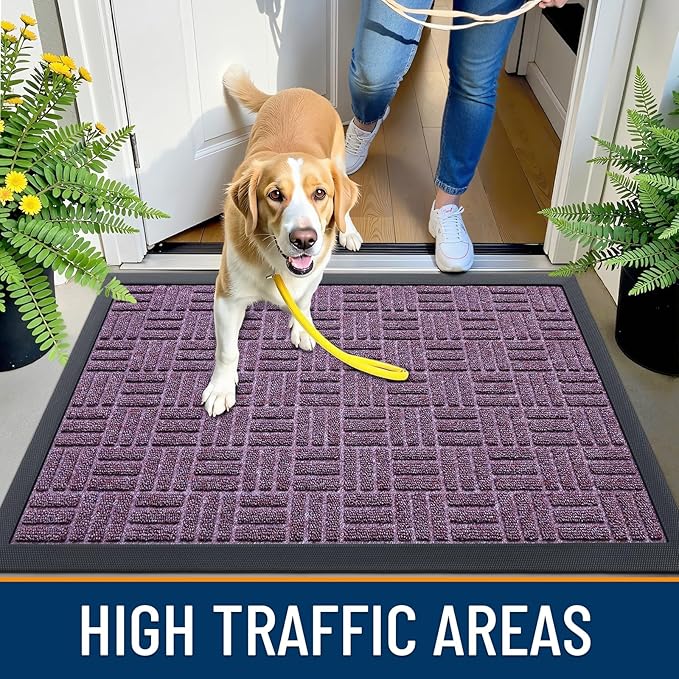 OLANLY Front Door Mat Outside Entrance 35x23, Absorbent, Heavy Duty Sturdy Natural Rubber Doormat Indoor Outdoor, Non-Slip, Stain and Fade Resistant, Low Profile Floor Mat for Entryway, Violet