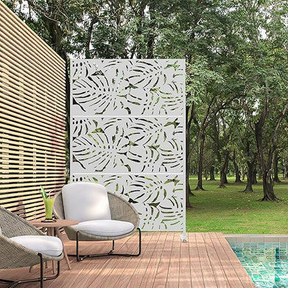 Casaphoria 72" H x 47" W Metal Outdoor Privacy Screen, Freestanding Decorative Divider for Patio, Deck, Balcony, and Garden with Stable Base, White-Summer
