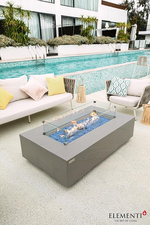 Elementi+ | Bundle Meteora Gas Fire Pit Cast Concrete 56" Rectangular Fire Table, Outdoor Fire Pit Electronic Ignition | Canvas Cover, Fire Glass and Burner Lid Included | Light Gray | Propane Gas