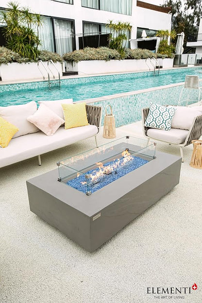 Elementi+ | Bundle Meteora Gas Fire Pit Cast Concrete 56" Rectangular Fire Table, Outdoor Fire Pit Electronic Ignition | Canvas Cover, Fire Glass and Burner Lid Included | Light Gray | Propane Gas