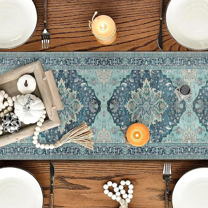 OYIMUA Boho Floral Pattern Summer Table Runner 36 Inches Long Teal and Blue Runners for Tables Rustic Spring Fall Decorations for Home Indoor and Outdoor Party Decor