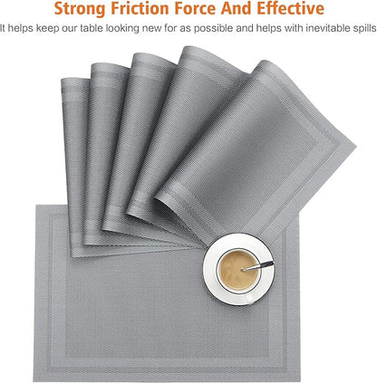Placemats Set of 6,Washable,Heat and Stain Resistant Indoor/Outdoor Place mats,Vinyl Woven Non Slip Table Mats for Restaurant Table Protection,PVC Placemats(Gray,6PCS)