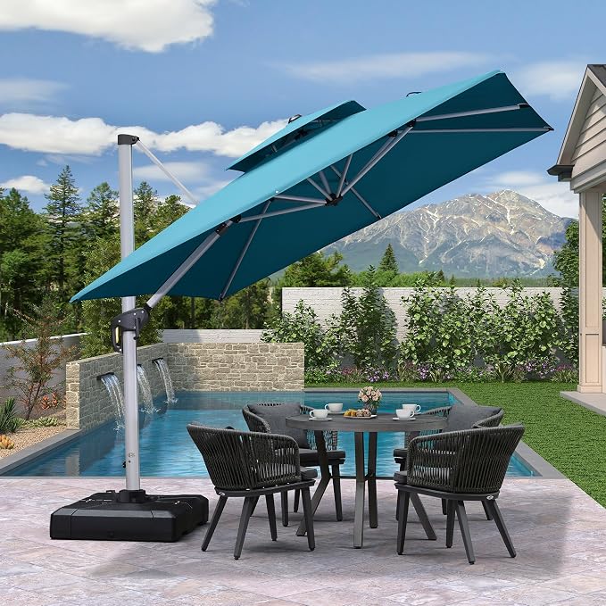 PURPLE LEAF Cantilever Outdoor Umbrella 9' x 9' Double Top, Turquoise Blue | - Image 3