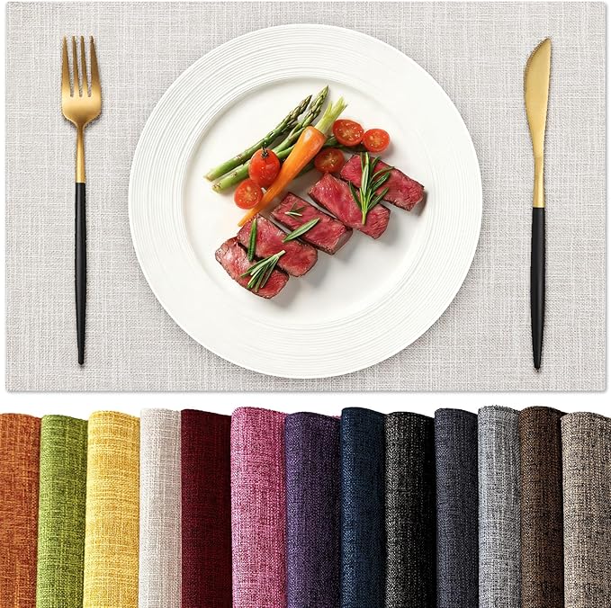 KXN Placemats Set of 4, Dual-Layer Thickened Faux Linen Table Mats, Heat Resistant & Wrinkle-Free, Machine Washable Cloth Place Mats for Kitchen Dining Indoor Outdoor (Cream)