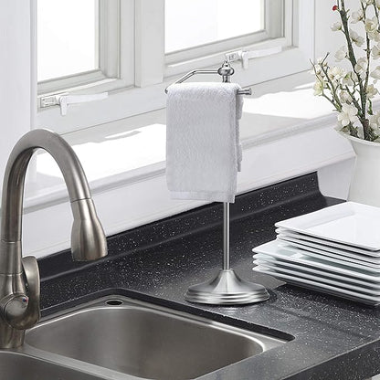 SunnyPoint Heavy Weight Metal Fingertip Towel Holder Stand for Bathroom, Kitchen, Vanity and Countertops; Hanging Bar is 14.2" Height (Satin Nickel, 15.6" x 5.6" x 5.6")-Easy Assembly Required.