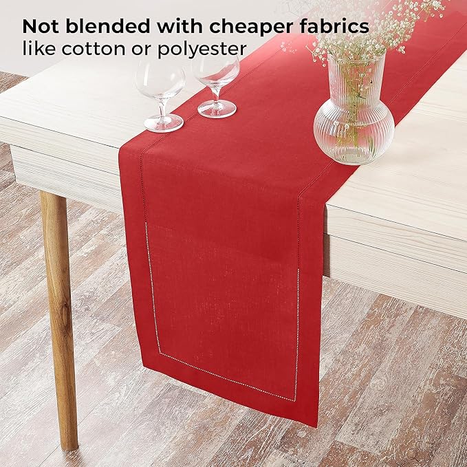 D'Moksha Homes Linen Bright Red Table Runner 90 Inches Long - Classic Hemstitch 100% Pure Linen Dining Table Runner 14 x 90 Inch for Valentines, Spring, Easter
