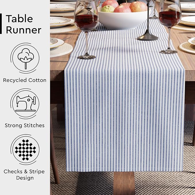 Encasa XO Cotton Dining Table Runner | Ticking Navy Blue | Size 13x94 in - Machine Washable & Durable