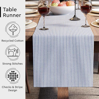 Encasa XO Cotton Dining Table Runner | Ticking Navy Blue | Size 13x94 in - Machine Washable & Durable