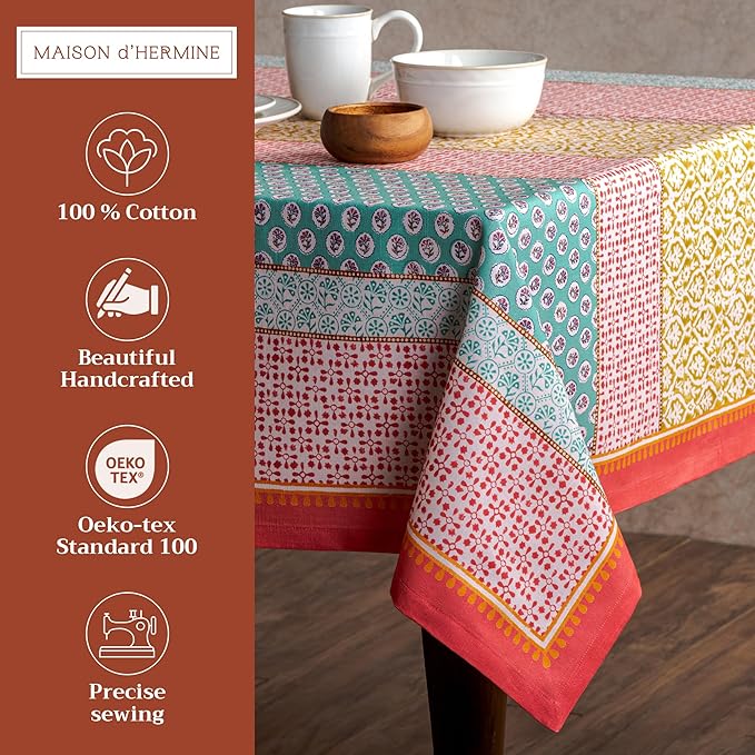 Maison d' Hermine Table Cloth Rectangle Table 100% Cotton 70 x 120 Inches Tablecloth Reusable Decorative Everyday Use for Dining Room, Farmhouse, Home Party, Festive & Wedding Spring Summer - Provence