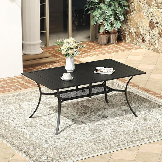 VICLLAX Rectangle Patio Dining Table for 6 Person, Outdoor Metal Steel Slat Table with Umbrella Hole for Patio, Lawn, Garden, Porch, Black