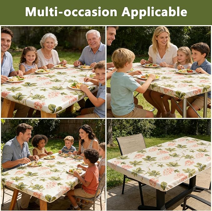 Rectangle Picnic Table Cloth, Elastic Waterproof Fitted Vinyl Tablecloths for 6 Foot Tables, Wipeable Flannel Backed Table Covers for Dining, Camping, Outdoor(Flower,30"x72")
